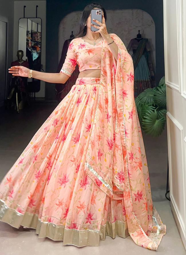 Tabby Silk Peach Festival Wear Printed Lehenga Choli